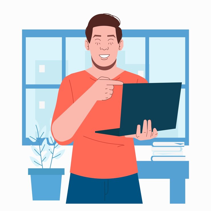 Vector un hombre blanco se ríe mirando en su computadora portátil en una ilustración plana