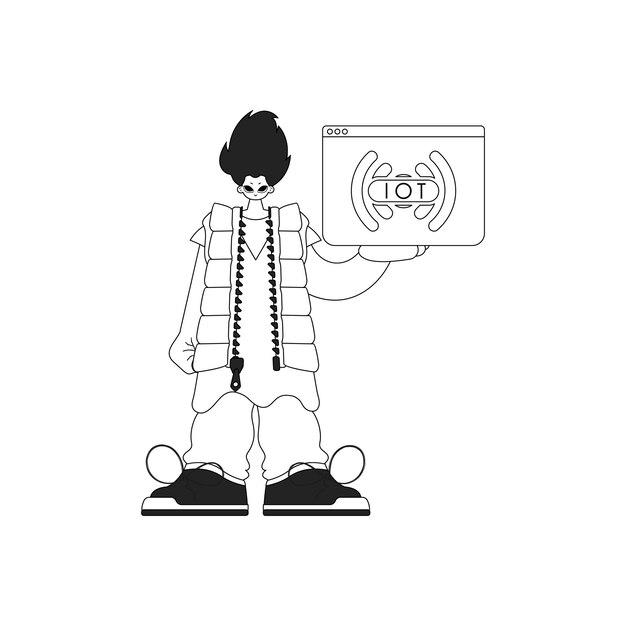 Hombre blandiendo el emblema de IoT delineado con trazos uniformes