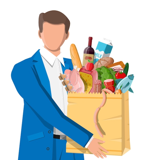 Vector hombre con bolsa de compras llena de productos frescos.