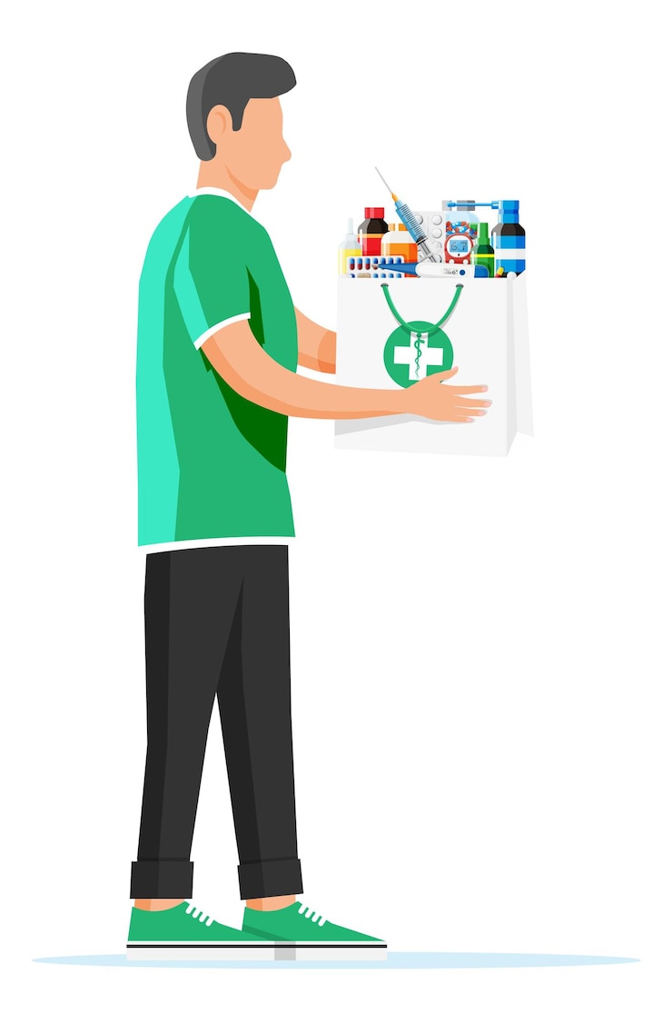 Vector hombre con bolsa de farmacia