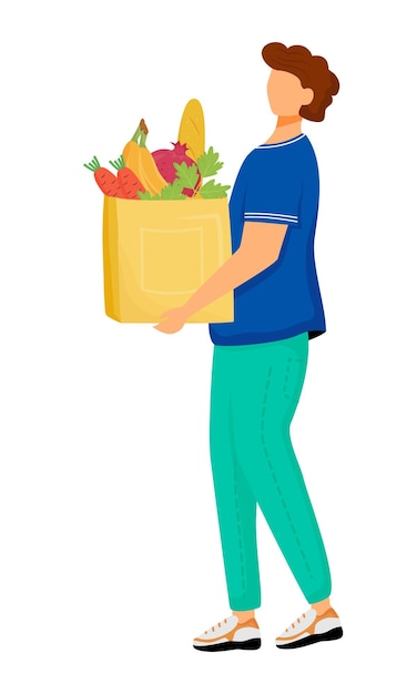 Hombre con bolsa llena de frutas y verduras carácter vectorial de color semiplano