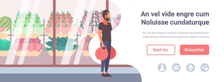 Vector hombre con bolsas de compras caminando delante de frutas y verduras frescas supermercado moderno escaparate de cristal chico cliente personaje de dibujos animados de longitud completa copia plana espacio