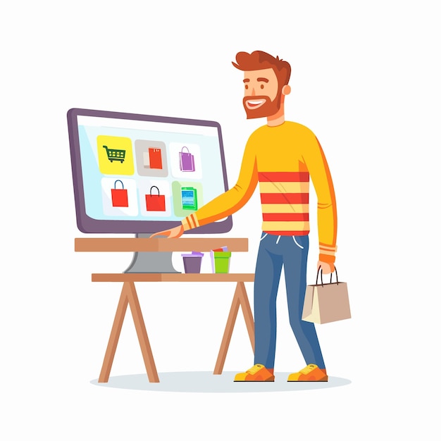 Vector hombre con bolsas de compras comprando en línea en la computadora ilustración vectorial en estilo de dibujos animados