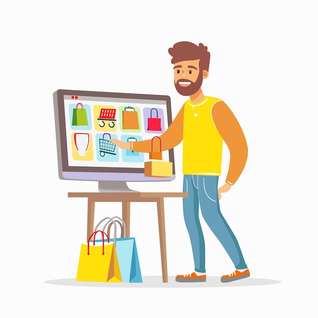 Hombre con bolsas de compras comprando en línea Ilustración vectorial al estilo de dibujos animados