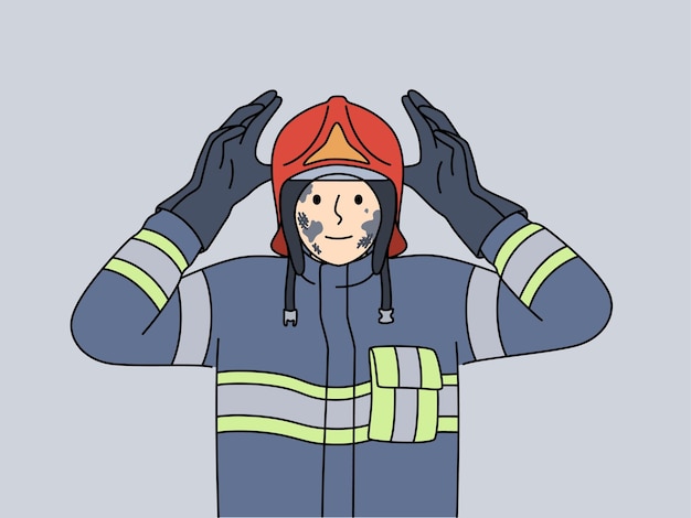 Hombre bombero en uniforme con rastros de hollín en la cara después de extinguir un edificio en llamas