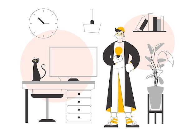 Hombre y bombilla Concepto de idea Estilo artístico de línea vectorial