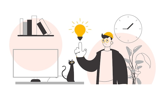 Hombre y bombilla Concepto de idea Ilustración vectorial Estilo de arte lineal