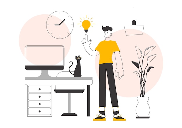 Hombre y bombilla Concepto de idea Ilustración vectorial Líneas de estilo moderno