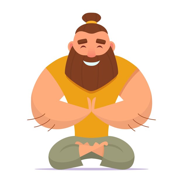 Hombre bondadoso con barba y protuberancia en la cabeza medita en posición de loto Yoga