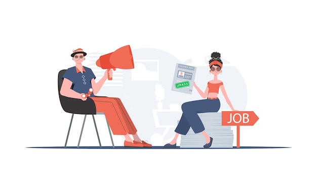 Hombre con boquilla Una chica con una prueba de trabajo pasó Búsqueda de empleo y concepto de recursos humanos Ilustración de vector de estilo tendencia