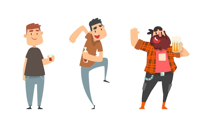 Vector hombre borracho personaje bebiendo bebidas alcohólicas conjunto vectorial