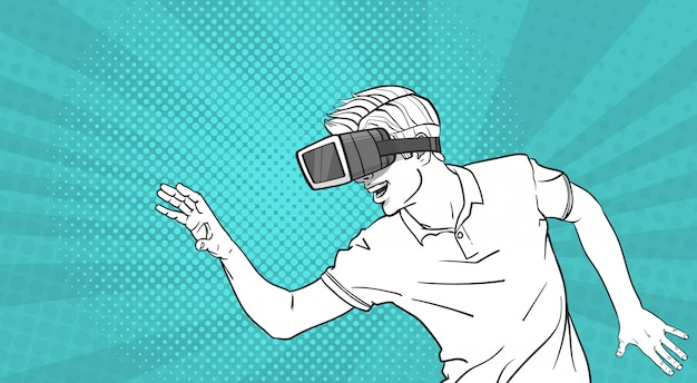 Hombre Bosquejo Usar gafas Gafas 3D Realidad virtual Gesticular Arte pop Estilo Fondo