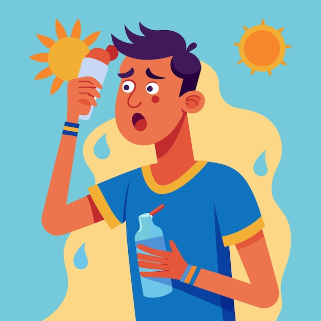un hombre con una botella de agua y un sol en el fondo