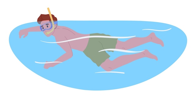 Vector hombre bucea personaje masculino buceando en el agua hombre nadando en el mar o el océano actividad de vacaciones de verano ilustración vectorial plana hombre de dibujos animados buceando con snorkel