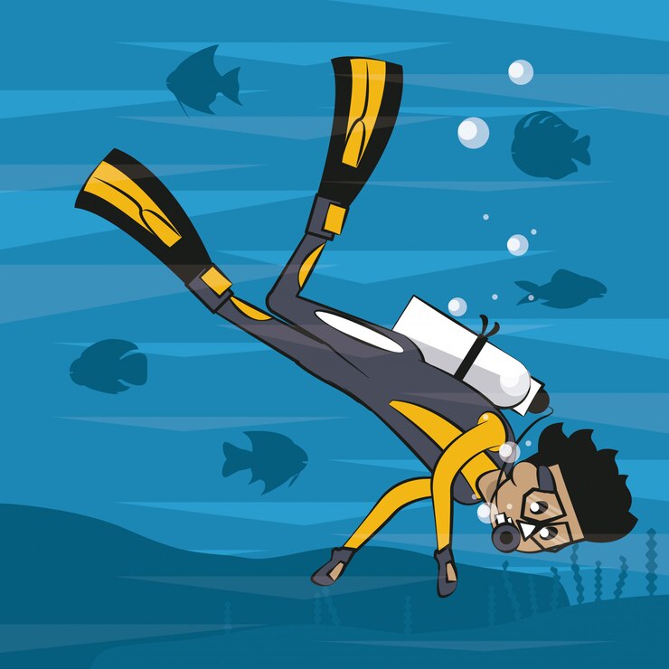 Vector hombre buceando en el mar con peces