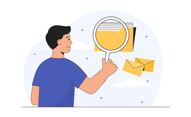 Hombre busca documento o archivo en la carpeta del catálogo ilustración metafórica de negocios para el sitio web de banner.