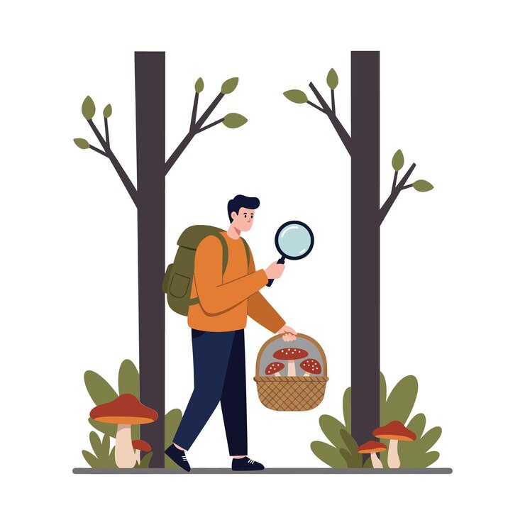 Vector hombre buscando setas en un bosque con una lupa y una canasta