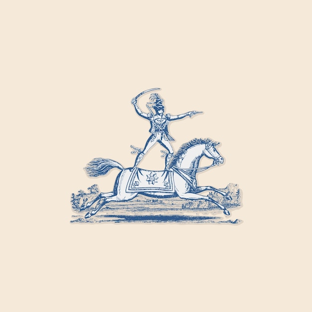 El hombre caballo loco y valiente las acrobacias corriendo la espada el logotipo retro el elemento vectorial del diseño de la ilustración vintage