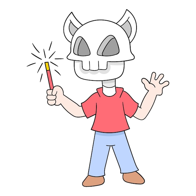 Hombre con cabeza de calavera sosteniendo fuegos artificiales de año nuevo doodle imagen de icono kawaii