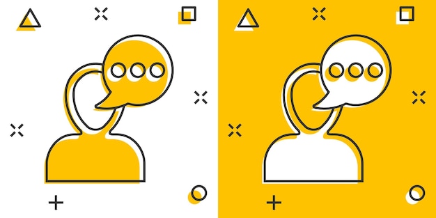 Hombre, cabeza, mente, pensamiento, icono, en, cómico, estilo, burbuja del discurso, con, gente, vector, caricatura, ilustración, blanco, aislado, plano de fondo, contemplar, diálogo, negocio, concepto, salpicadura, efecto