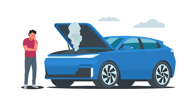Un hombre con la cabeza de pie frente al capó de un coche averiado