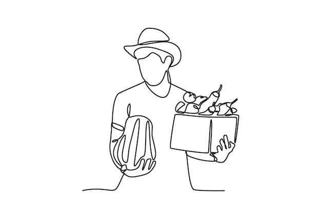 Hombre con calabaza y canasta de verduras Gente recogiendo hierbas o verduras dibujo en línea