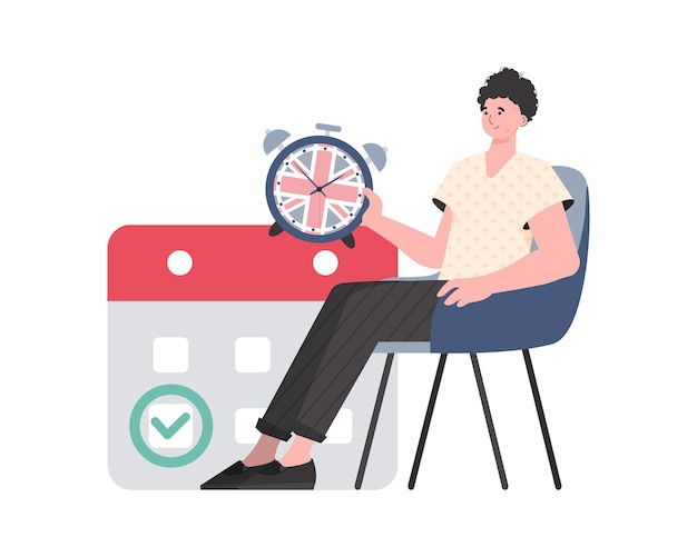 Un hombre un calendario con una fecha marcada y un reloj El concepto de aprender inglés aislado Estilo de dibujos animados de moda Ilustración vectorial
