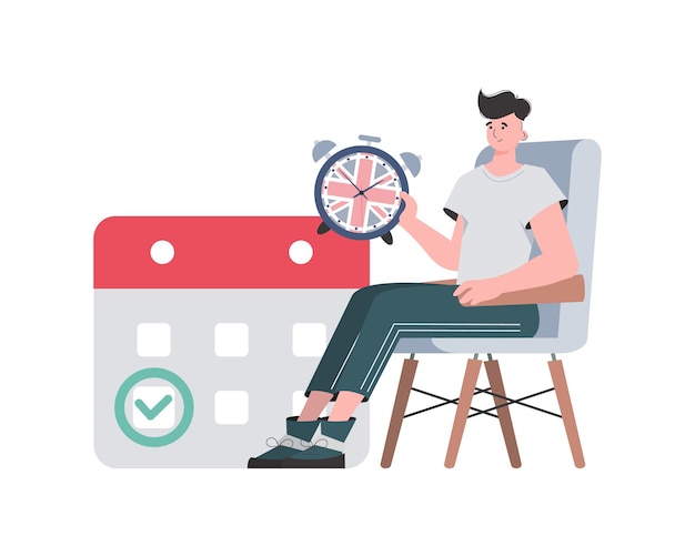 Un hombre un calendario con una fecha marcada y un reloj el concepto de la enseñanza de inglés aislado estilo de moda vector