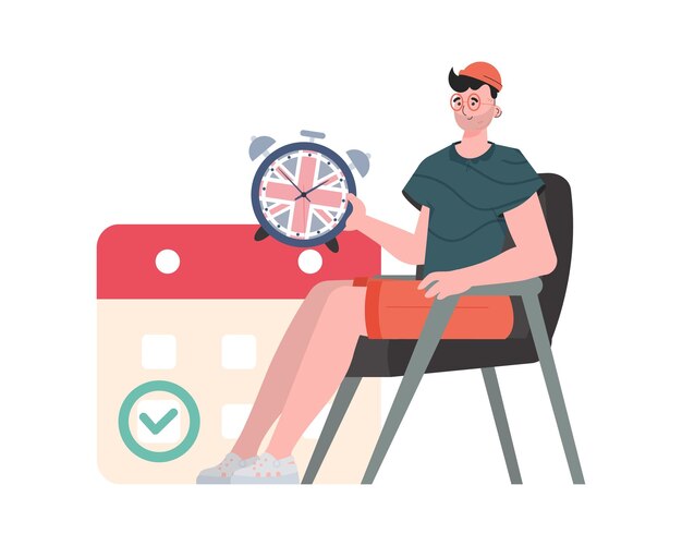 Un hombre un calendario con una fecha marcada y un reloj El concepto de enseñar inglés Ilustración vectorial de estilo de moda aislado