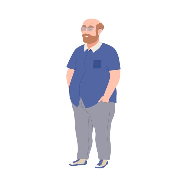 Hombre calvo y barbudo con gafas con cuerpo corpulento en postura de pie ilustración vectorial de longitud completa