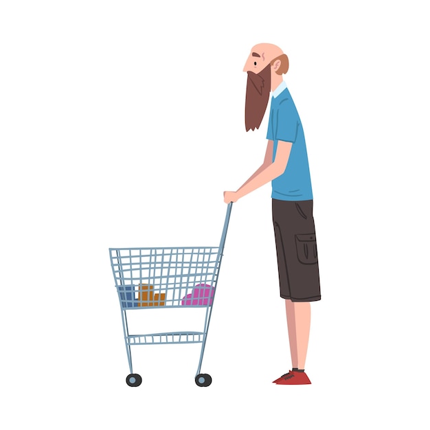 Hombre calvo barbudo de pie con carrito de compras Persona comprando comestibles en un centro comercial o supermercado Ilustración vectorial de estilo de dibujos animados