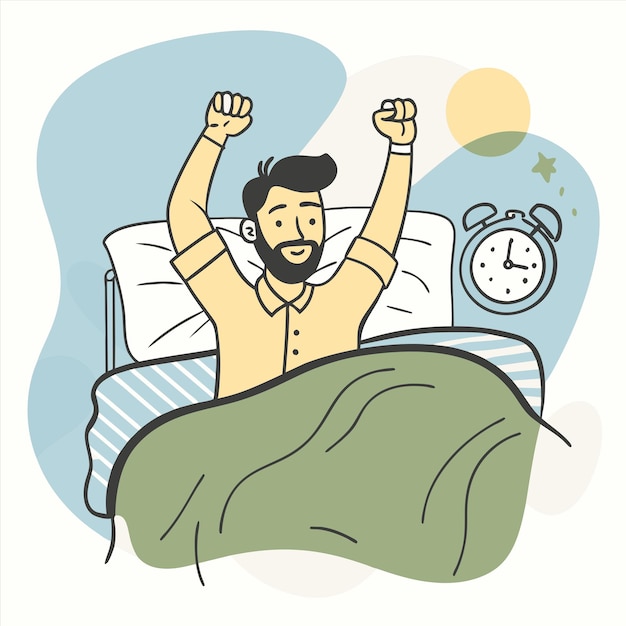 un hombre en una cama con un reloj por encima de su cabeza