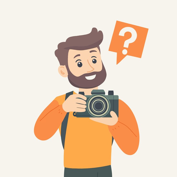 Vector un hombre con una cámara y un signo de pregunta en ella