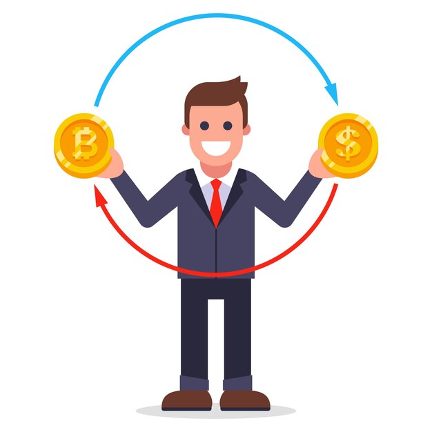 Un hombre cambia bitcoins por dólares. cambio de moneda en forma de monedas. ilustración vectorial plana.