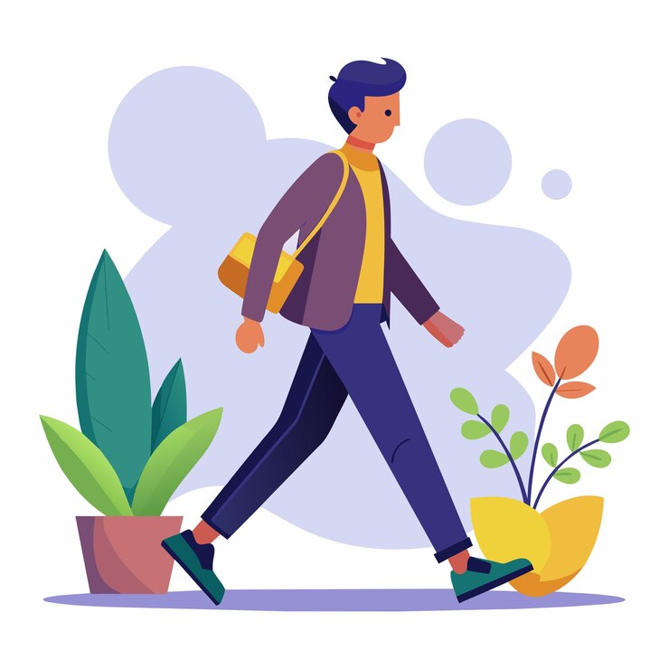 Vector un hombre camina en un jardín con una planta y un sombrero
