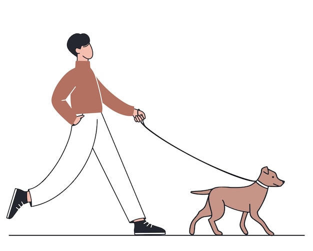 El hombre camina con su perro. ilustración de contorno.