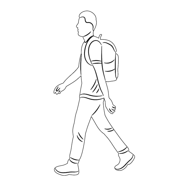 hombre caminando con el boceto de la mochila en el vector de fondo blanco