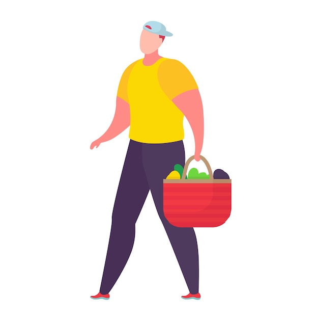Hombre caminando con una cesta de comestibles llena de verduras y frutas estilo de vida saludable y dieta