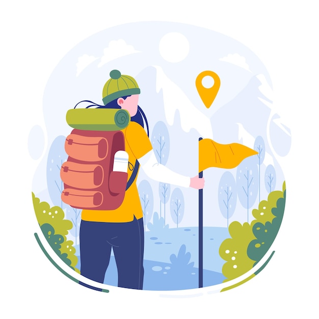 Vector un hombre caminando una ilustración plana de montaña