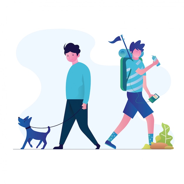 Vector hombre caminando con una mascota