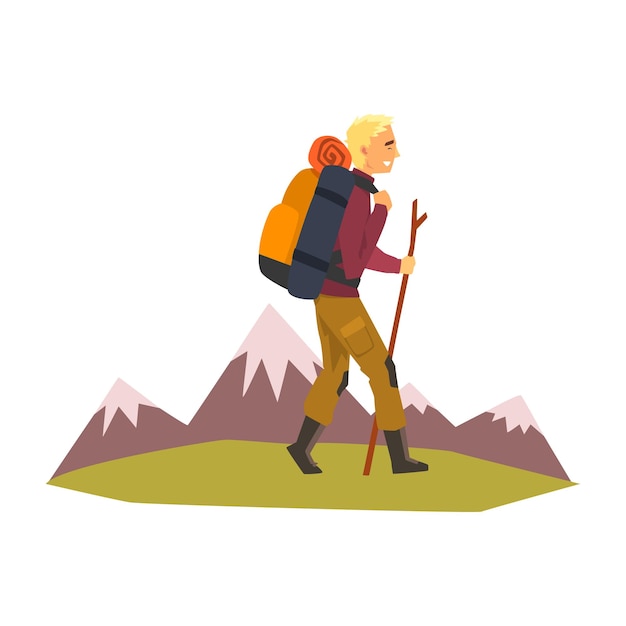 Hombre caminando con mochila y cosas verano paisaje de montaña aventuras al aire libre viaje camping mochilero viaje o expedición vector ilustración aislada sobre un fondo blanco