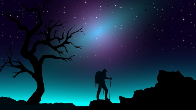 Vector un hombre caminando en las montañas con mochila cielo nocturno púrpura fondo de pantalla hd cielo nocturno estrellado