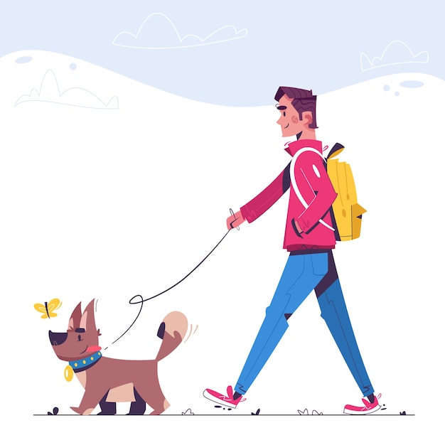 El hombre está caminando con perro. paseador de perros feliz. perrito gracioso