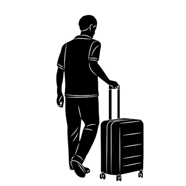 hombre caminando con una silueta de maleta en un vector de fondo blanco