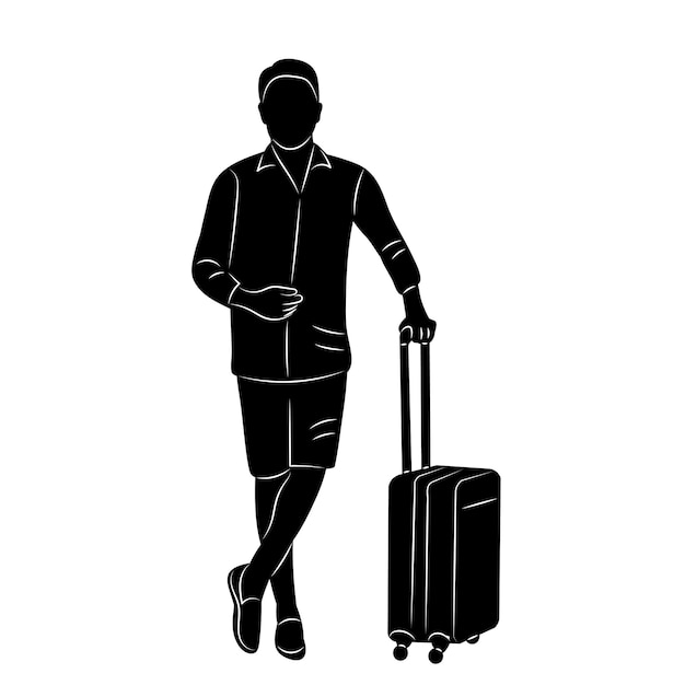hombre caminando con la silueta de la maleta en el vector de fondo blanco