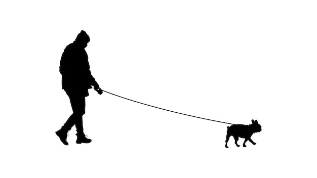 Hombre caminando con silueta de perro Pug