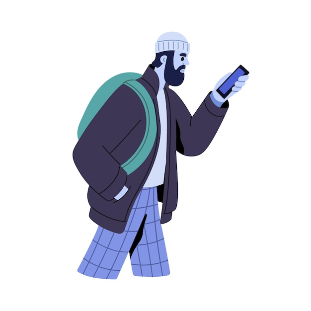 Hombre caminando con el teléfono móvil en la mano navegando por las redes sociales de Internet desplazándose por las noticias en línea Triste adicto usando el teléfono inteligente mientras viaja Ilustración vectorial plana aislada en fondo blanco