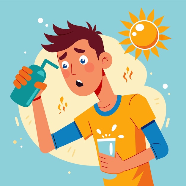 un hombre con una camisa amarilla sostiene una botella de spray y un fondo azul con el sol brillando detrás de él