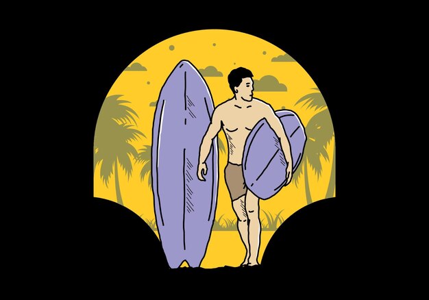 Vector el hombre sin camisa que sostiene la ilustración de la tabla de surf