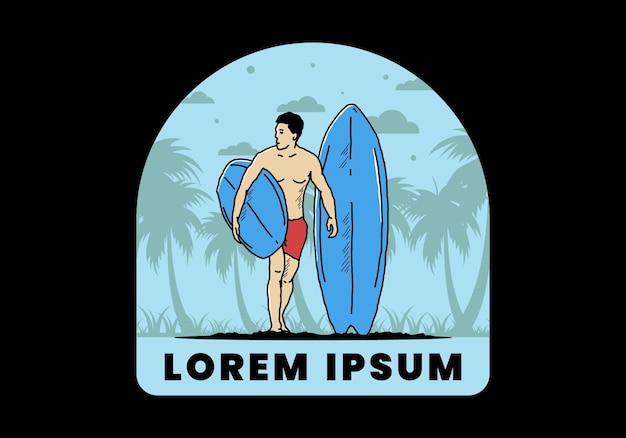 Vector el hombre sin camisa que sostiene la ilustración de la tabla de surf